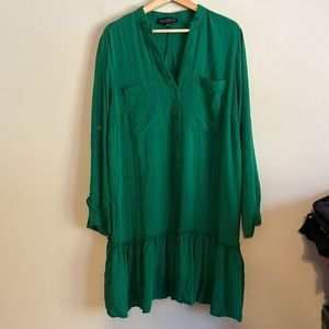 Eloquii Green Button Front Ruffle Hem Shirt Dress